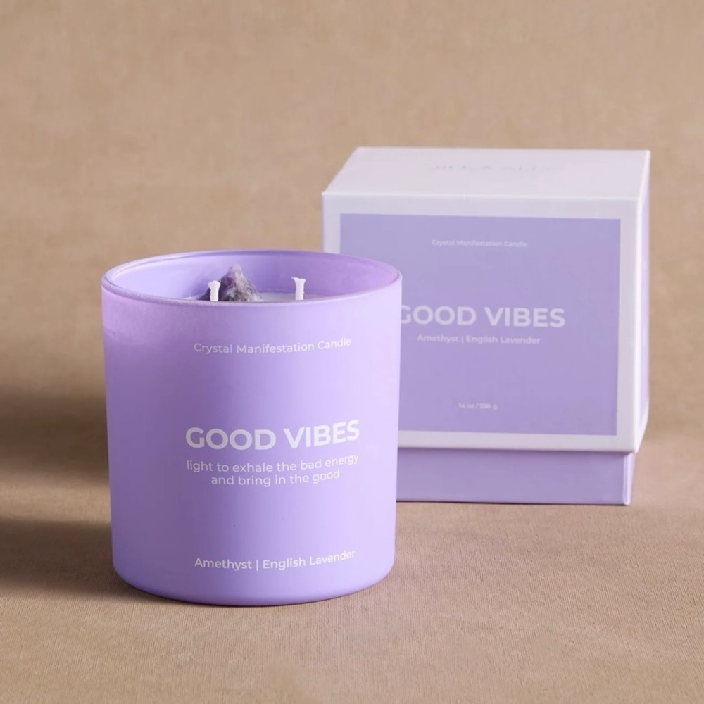 Jill and Ally -Good Vibes Lavender Scented Candle w/ amethyst. 14oz